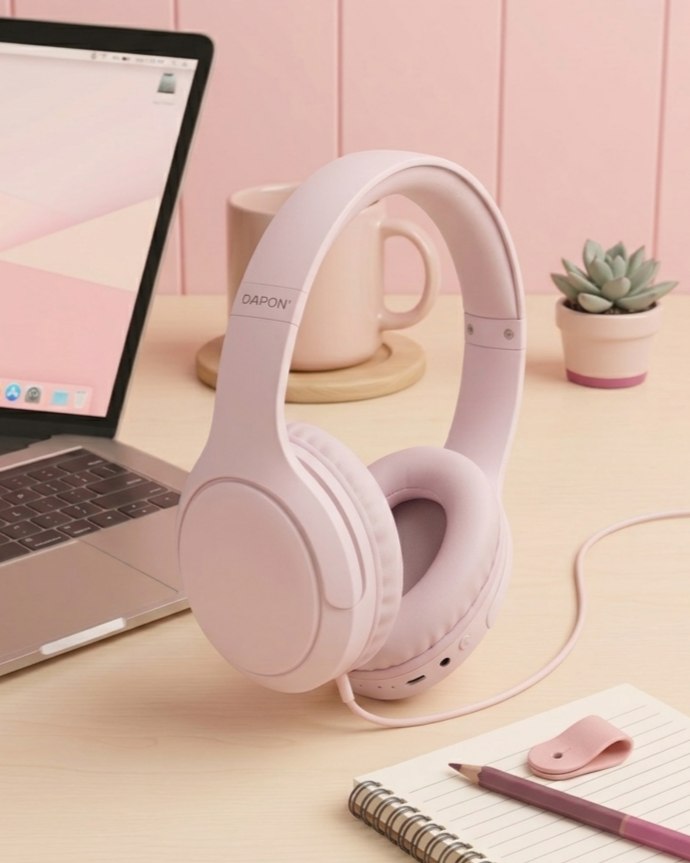 Fones de ouvido over-ear em tom rosa pastel posicionados em destaque sobre uma mesa, completando um conjunto tecnológico e decorativo monocromático.