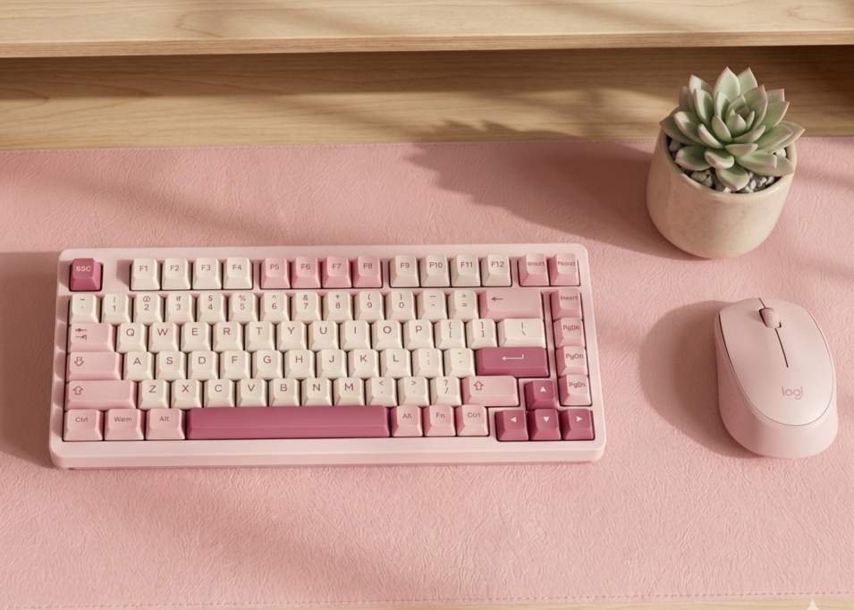 Um teclado mecânico e um mouse em degradê de rosa e creme sobre um mousepad de couro, mantendo a estética minimalista e coordenada.