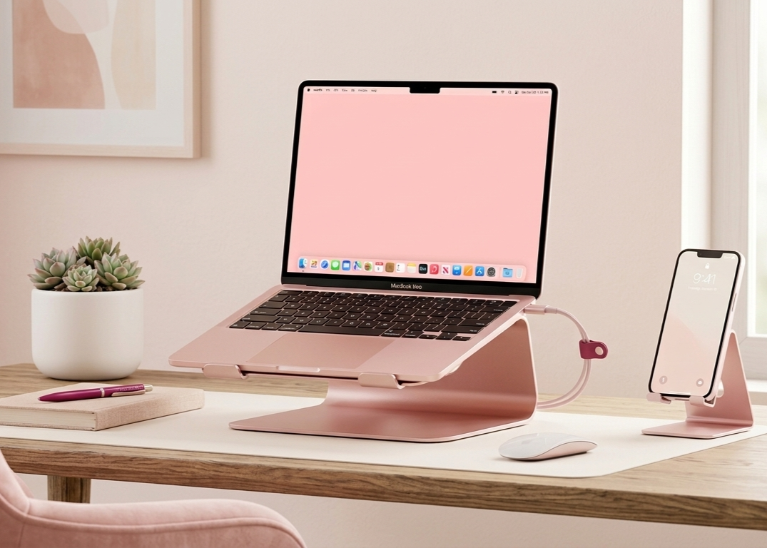 Um MacBook e um iPhone coordenados em tom ouro rosa sobre suportes minimalistas em uma mesa de trabalho organizada.