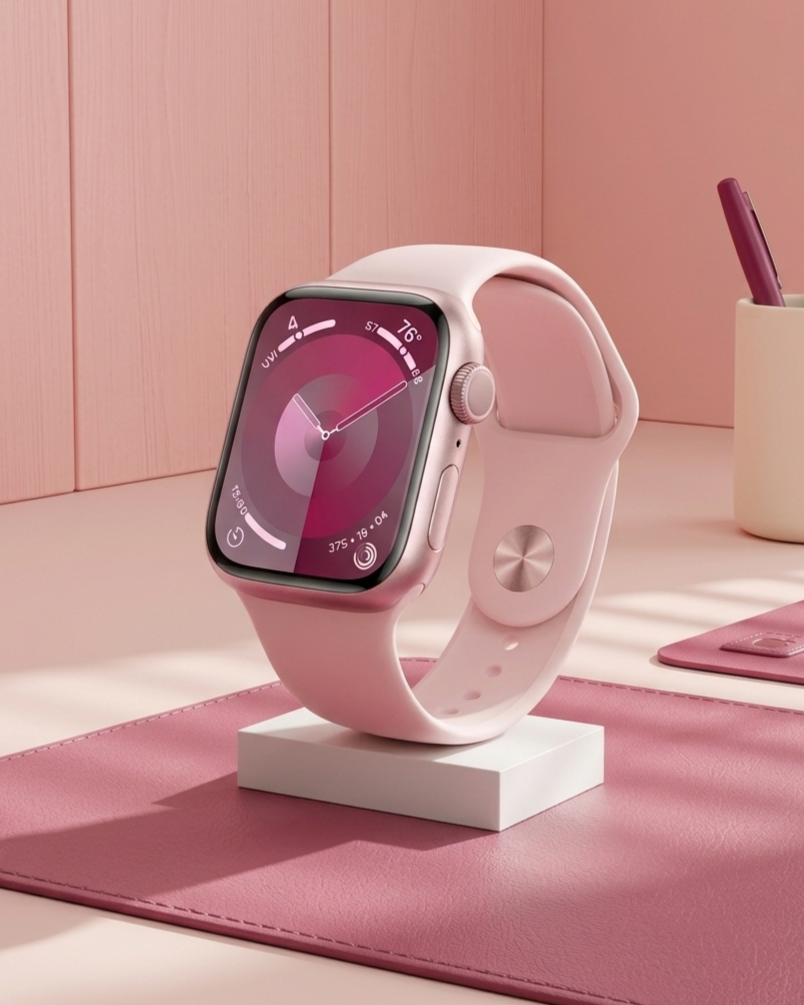 Um Apple Watch coordena em tom rosa claro sobre um suporte minimalista, inserido em um ambiente de trabalho com paleta de cores harmoniosa.